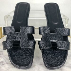Hermes Women's Oran Black Sandal Slides with Black Stitching and Soles Size 40